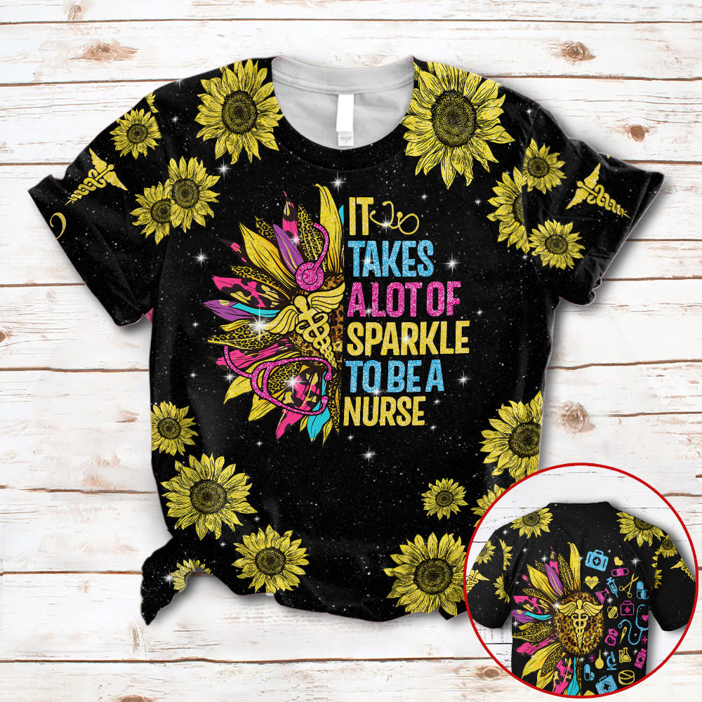 Blisscorners Personalized It Takes A Lot Of Sparkle To Be A Nurse Glitter Sunflower Custom Type Of Nurse 3D All Over Print Shirt