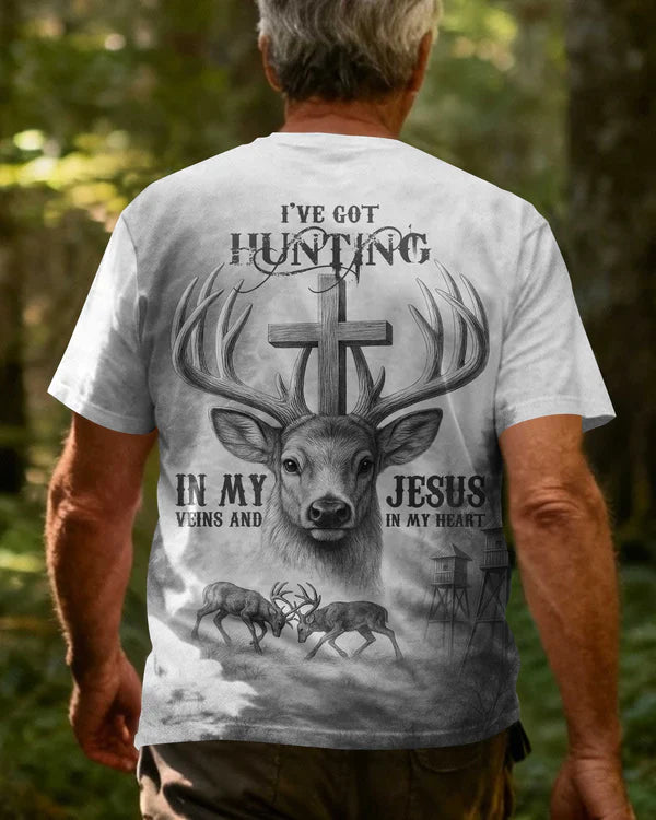 Blisscorners I've Got Hunting In My Veins And Jesus In My Heart Grey Shirt, Personalized Hunting 3D Shirt