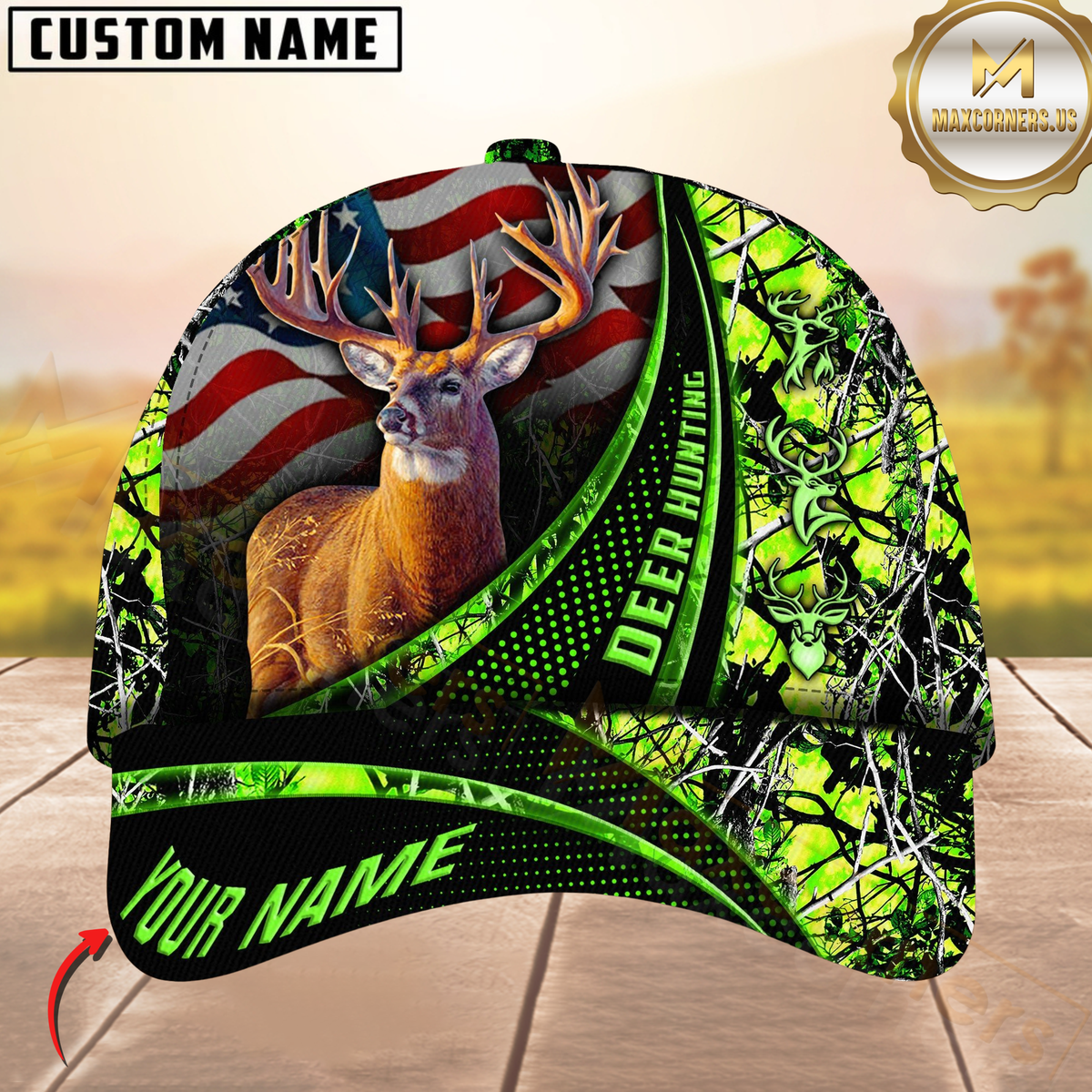 Blisscorners Hunting Deer USA Falg Camouflage Multicolor Personalized Name 3D Cap