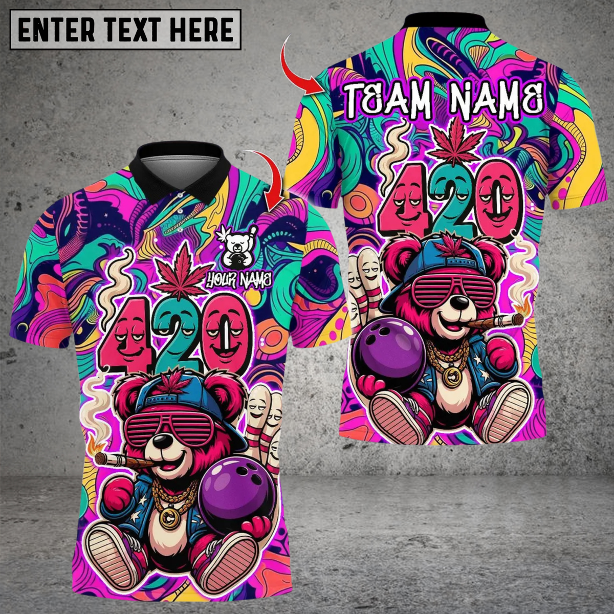 Blisscorners Bowling 420 Hiphop Bear Smoke Multicolor Customized Name Team Name 3D Shirts