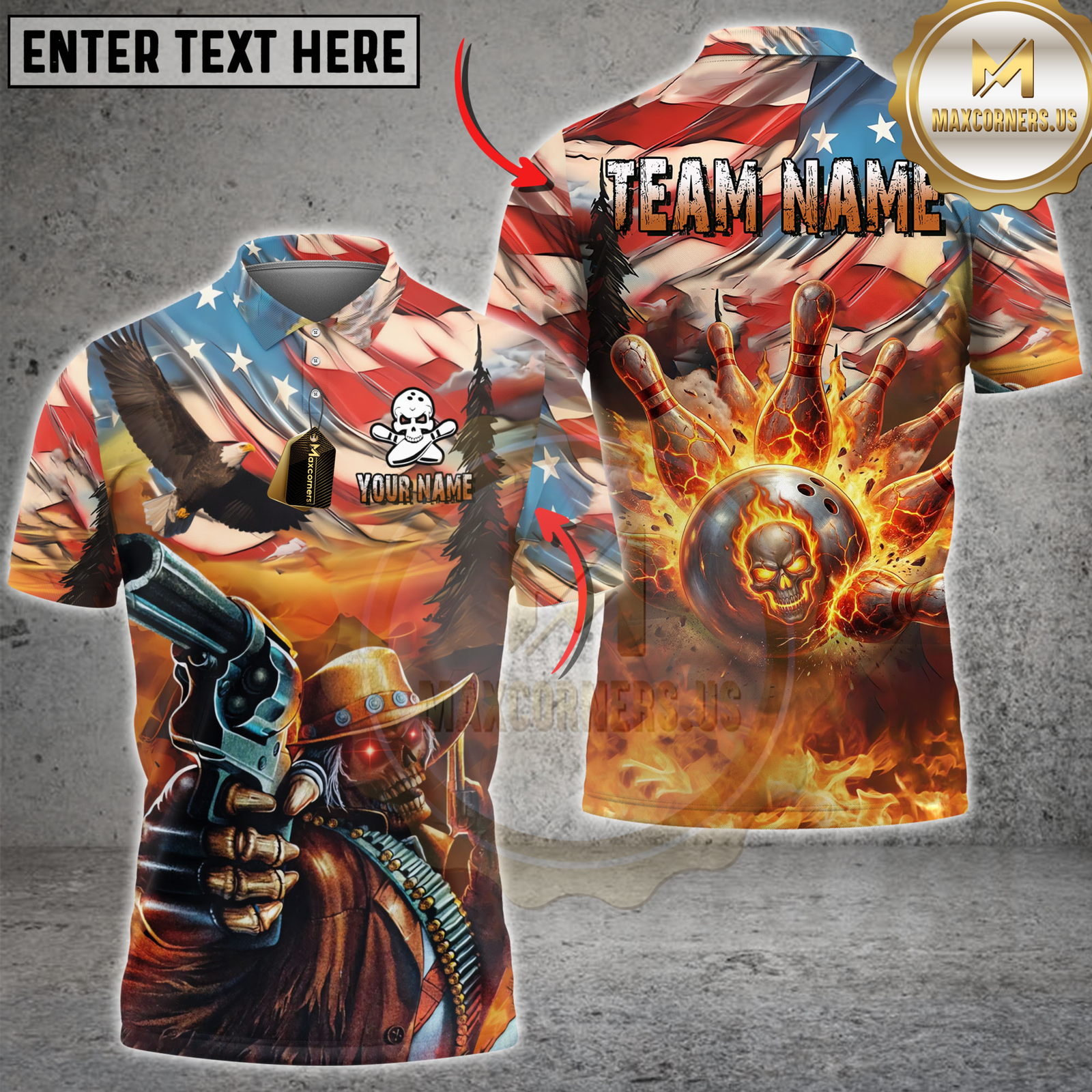 Blisscorners Patriotic Cowboy Skull Fire Personalized Name, Team Name 3D Shirt