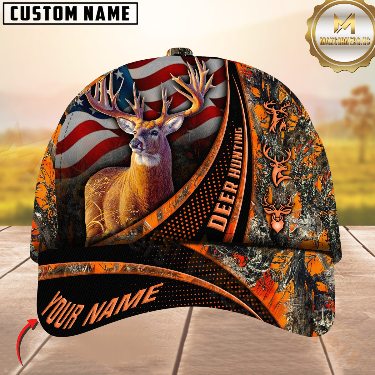 Blisscorners Hunting Deer USA Falg Camouflage Multicolor Personalized Name 3D Cap