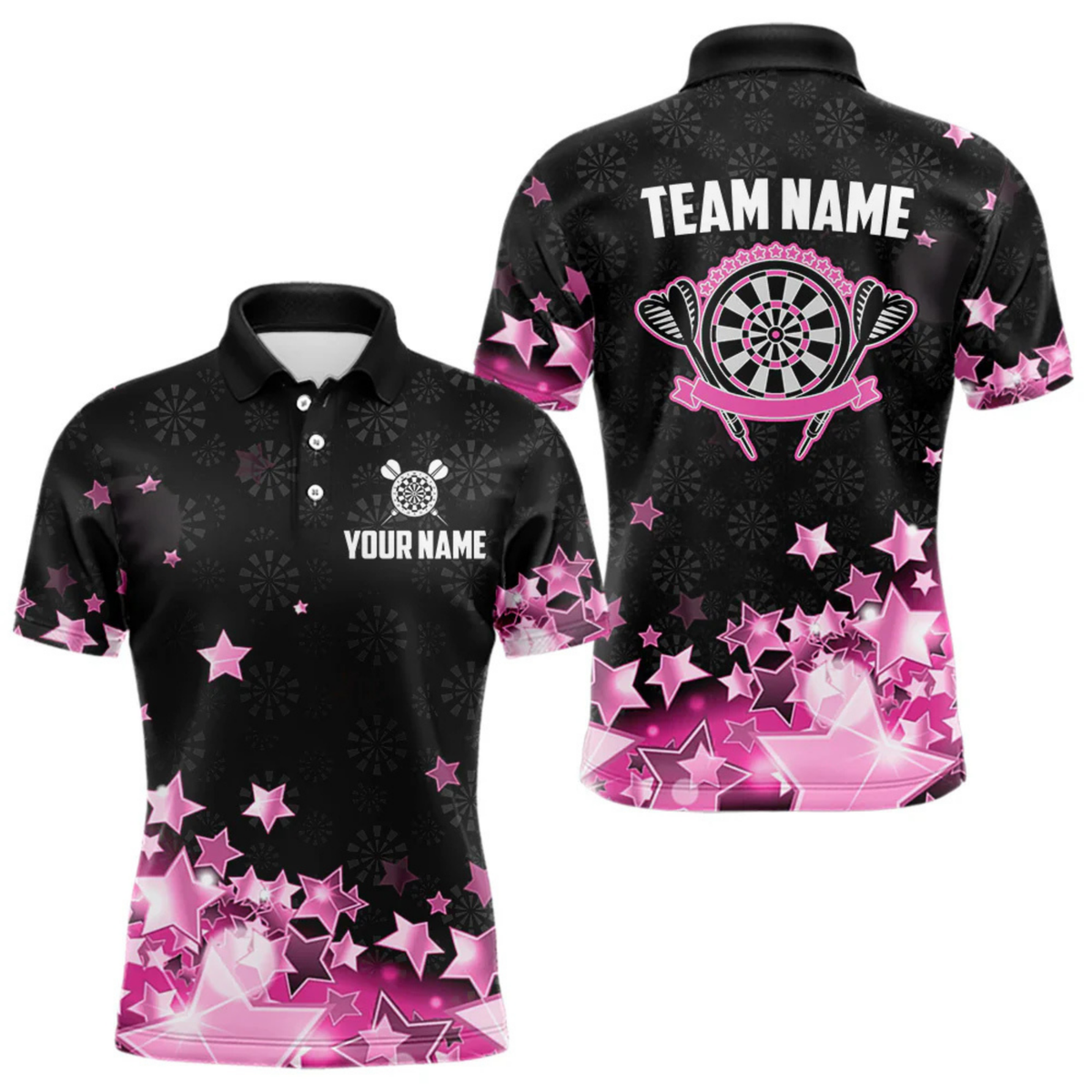 Blisscorners Funny Custom Dart Shirt For Men, Pink Black Glowing Star Pattern Darts Polo & Quarter Zip LM154