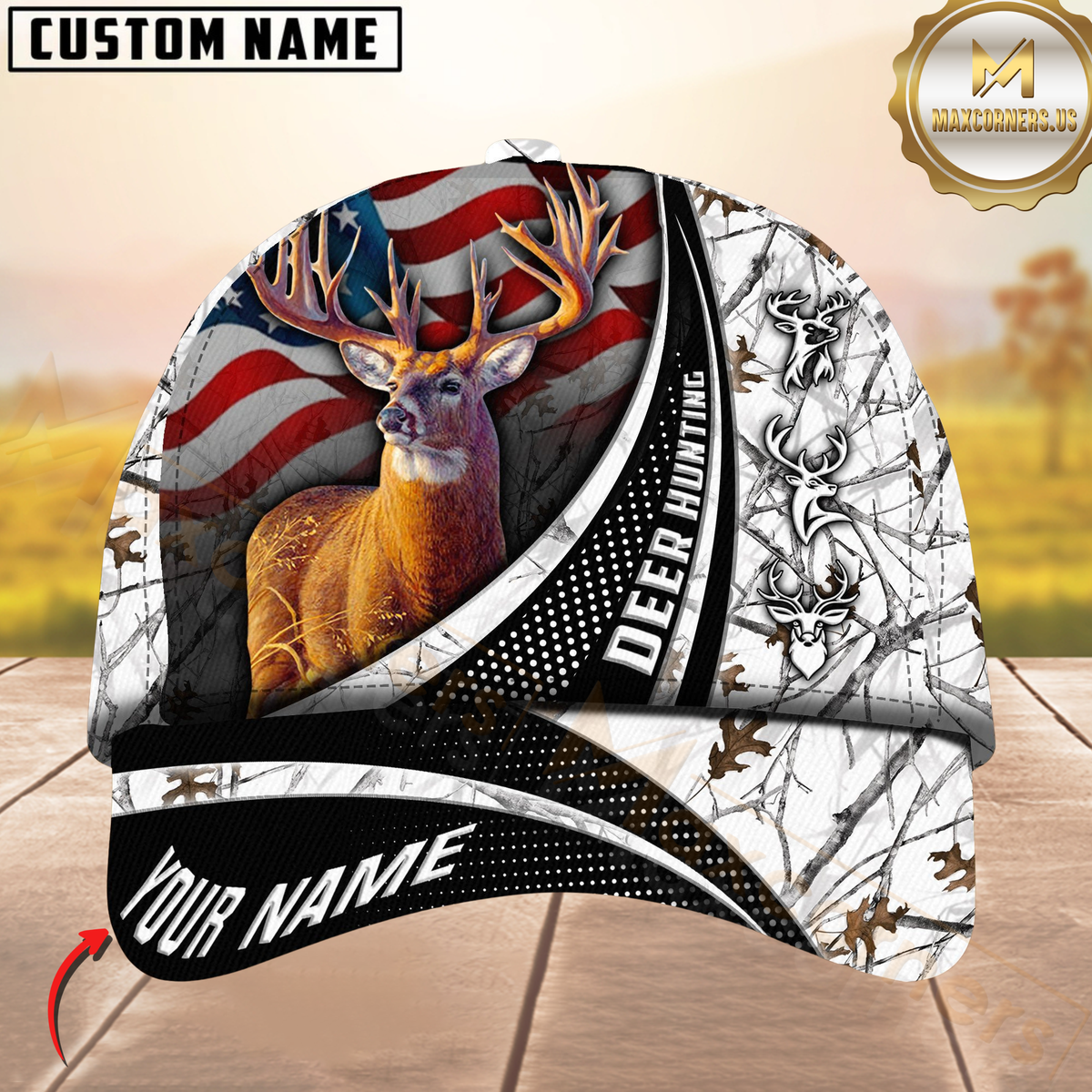 Blisscorners Hunting Deer USA Falg Camouflage Multicolor Personalized Name 3D Cap