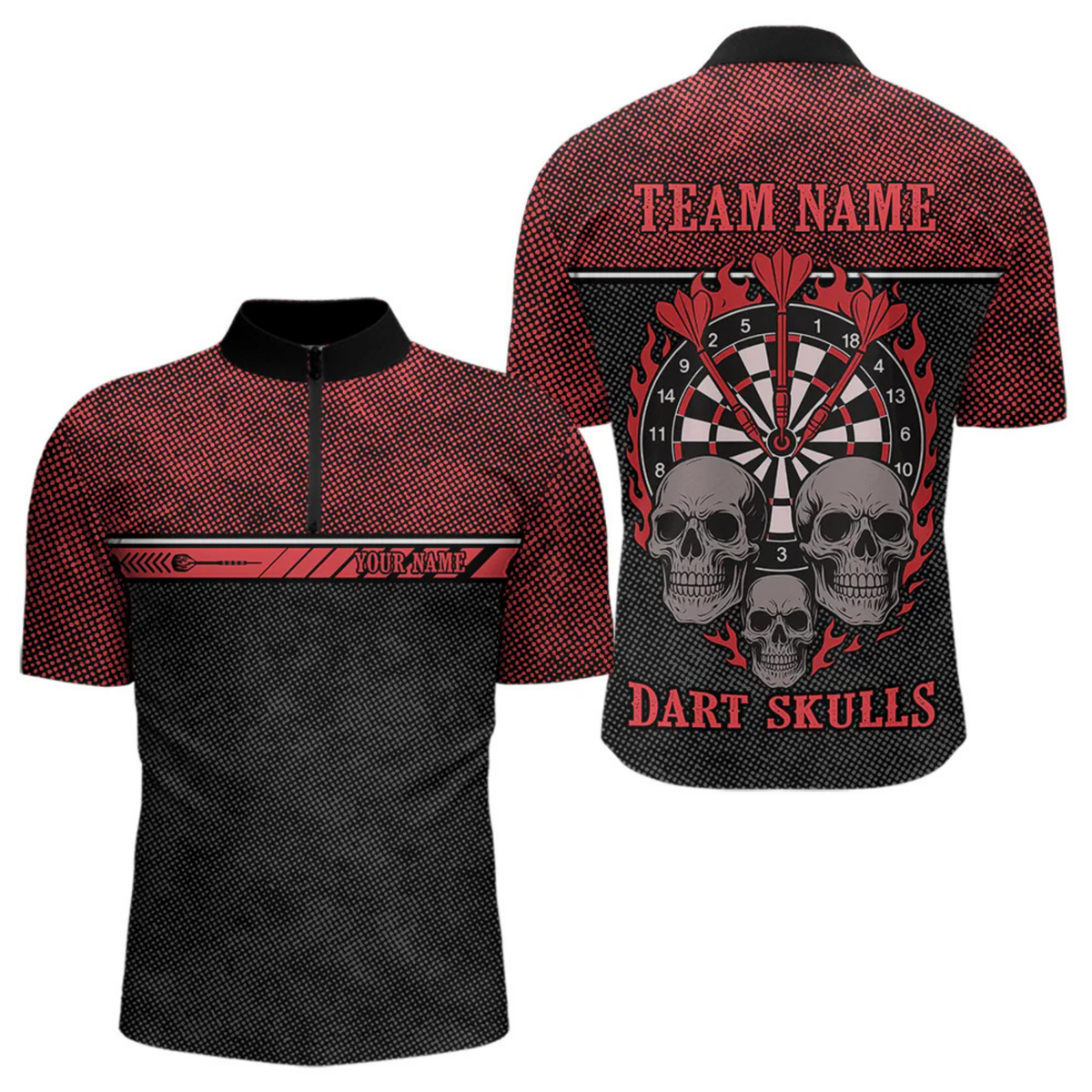 Blisscorners Men’s Custom Darts Shirt With Flaming Darts & Skulls And Crimson Halftone Pattern LM2404