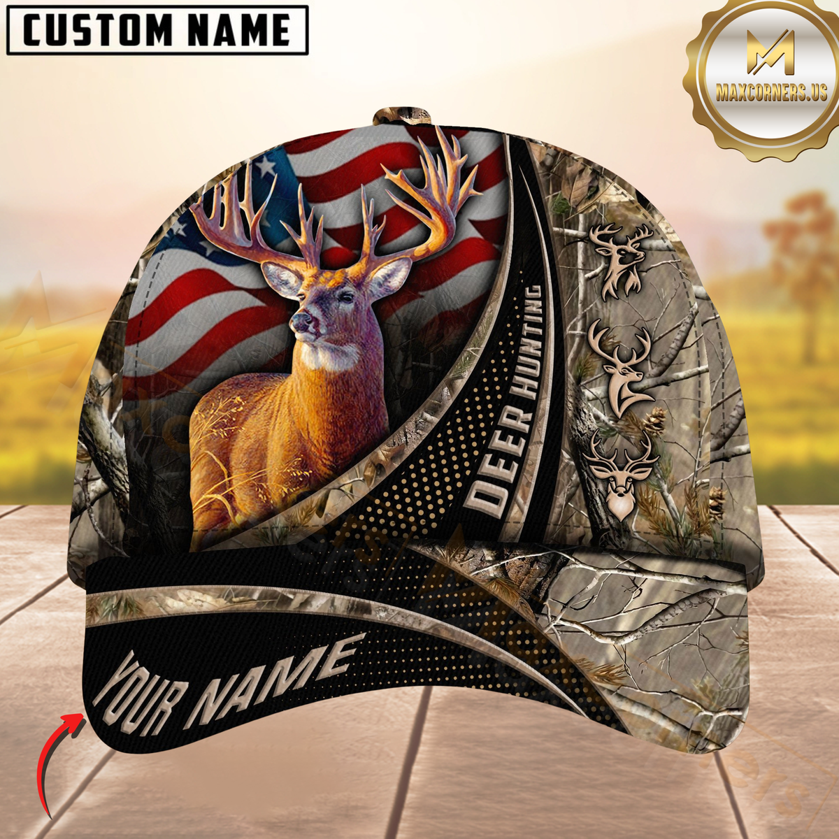 Blisscorners Hunting Deer USA Falg Camouflage Multicolor Personalized Name 3D Cap