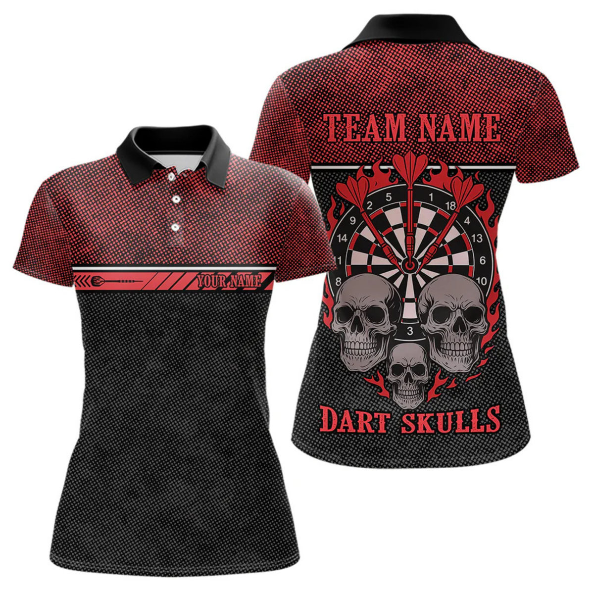 Blisscorners Men’s Custom Darts Shirt With Flaming Darts & Skulls And Crimson Halftone Pattern LM2404