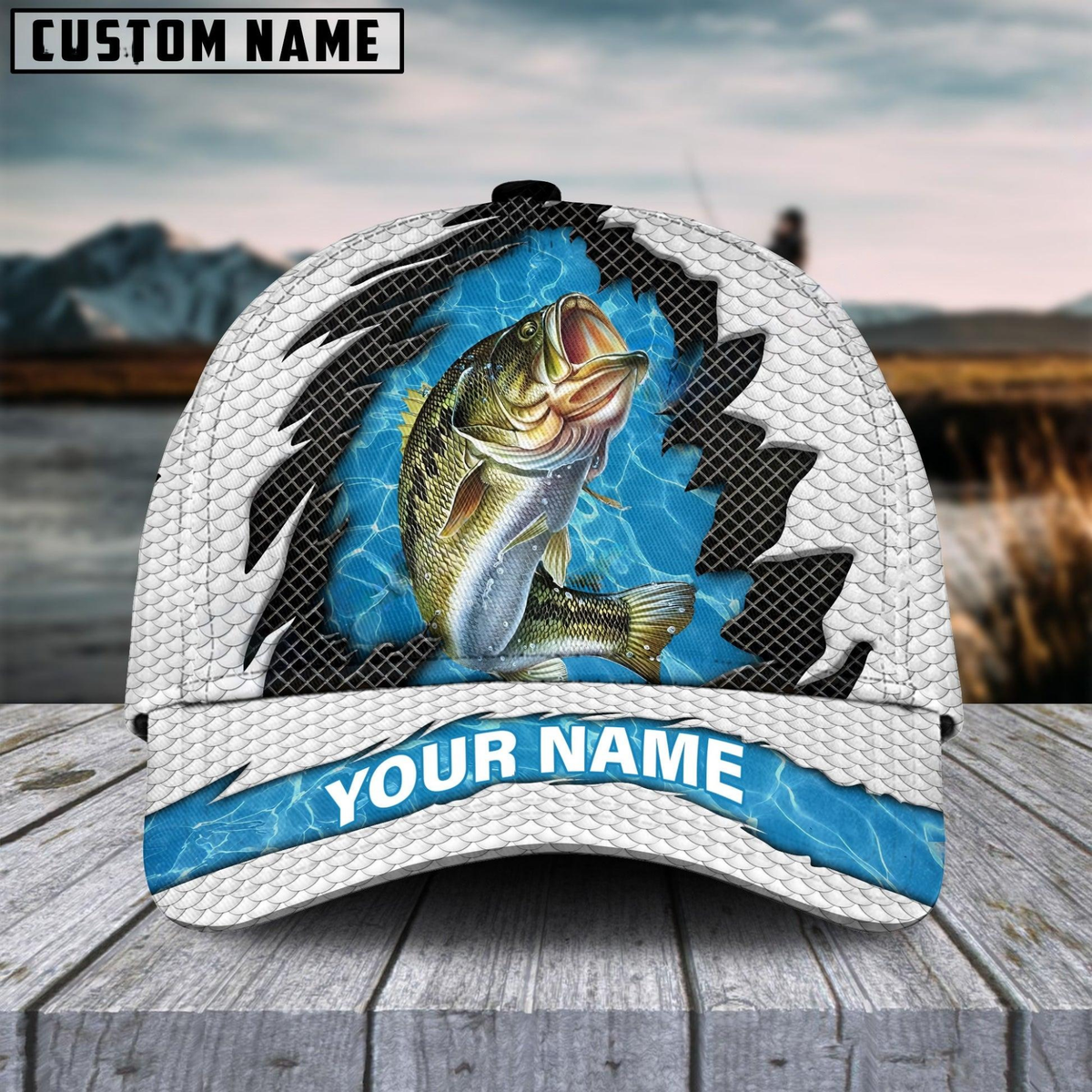 Blisscorners Bass Fishing White Blue Wave Fishnet Customized Name 3D Cap