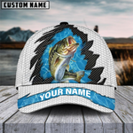 Blisscorners Bass Fishing White Blue Wave Fishnet Customized Name 3D Cap
