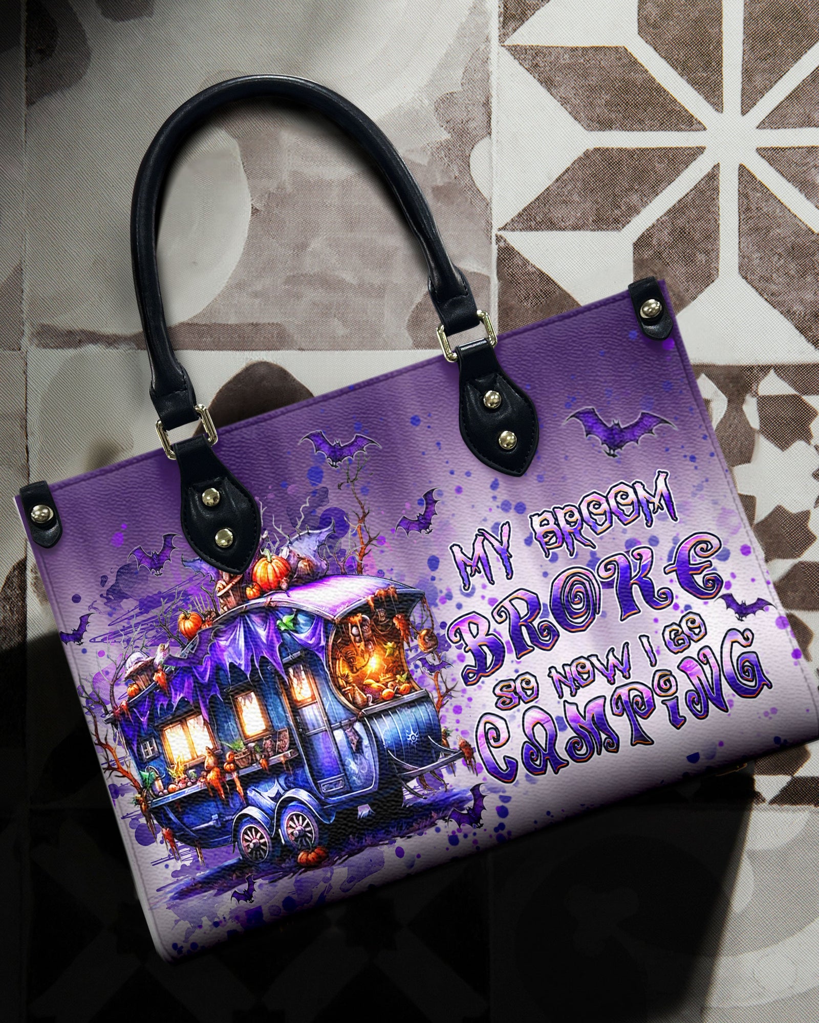 BLISSCORNERS MY BROOM BROKE CAMPING HALLOWEEN LEATHER HANDBAG