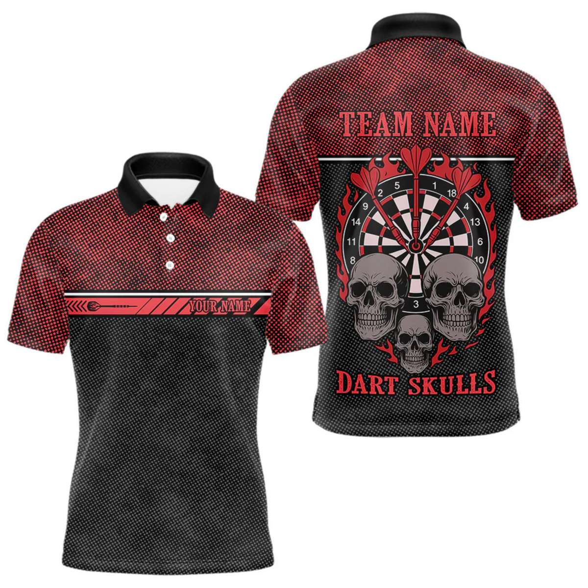 Blisscorners Men’s Custom Darts Shirt With Flaming Darts & Skulls And Crimson Halftone Pattern LM2404