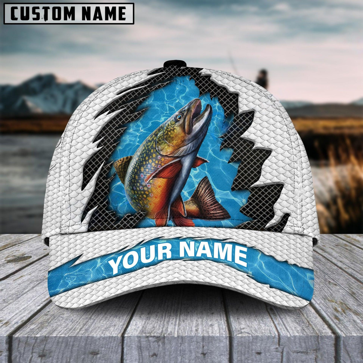 Blisscorners Trout Fishing White Blue Wave Fishnet Customized Name 3D Cap