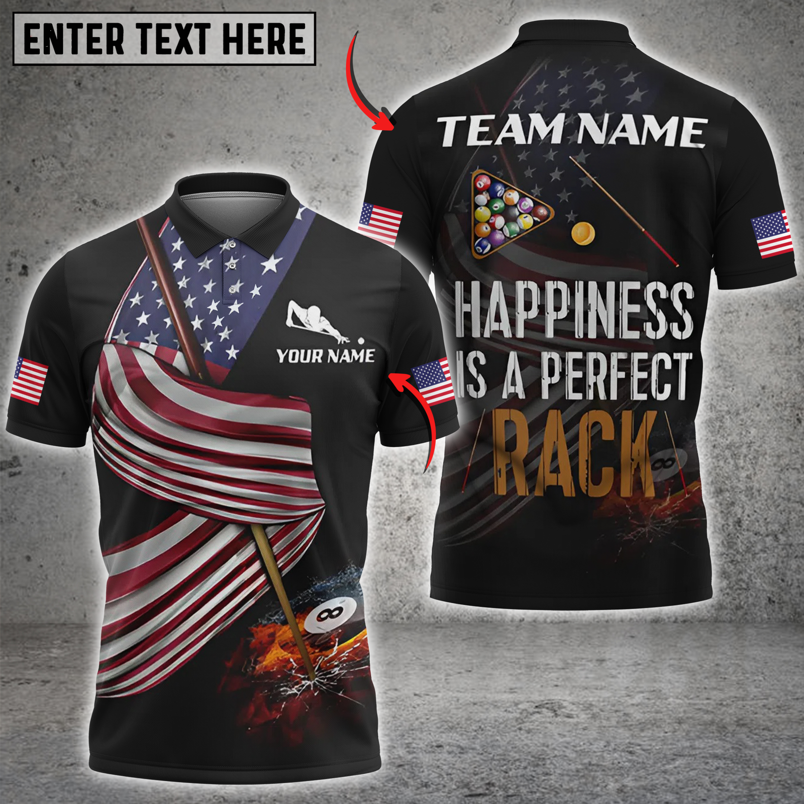 Blisscorners Billiards American Flag with Happiness Perfect Rack Quote Personalized Name 3D Unisex Shirt