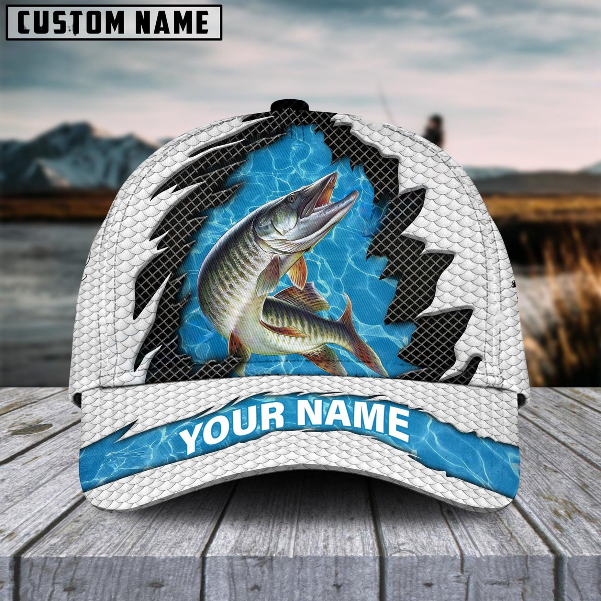 Blisscorners Musky Fishing White Blue Wave Fishnet Customized Name 3D Cap