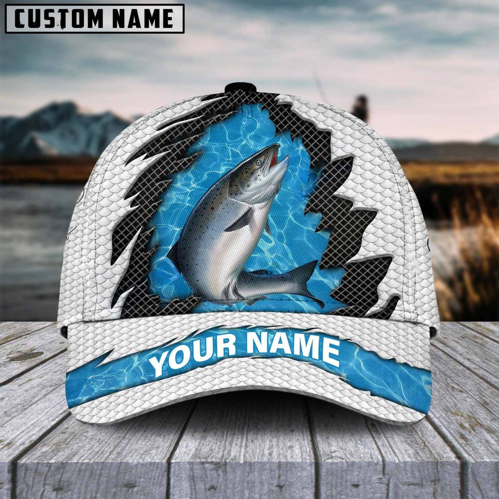 Blisscorners Salmon Fishing White Blue Wave Fishnet Customized Name 3D Cap