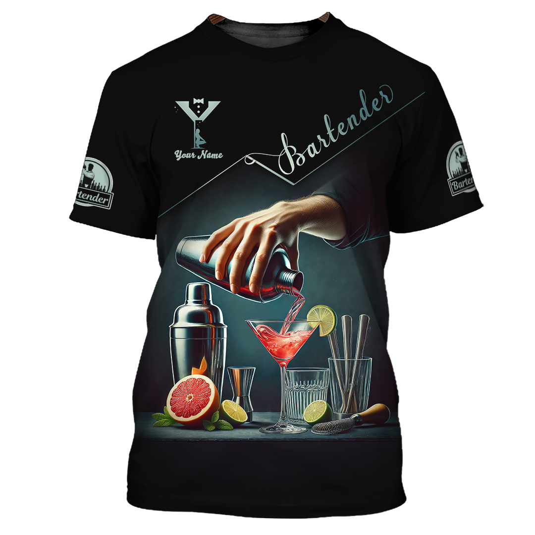 Blisscorners Custom Name Bartender 3D Shirt, Bartender Uniform Gift