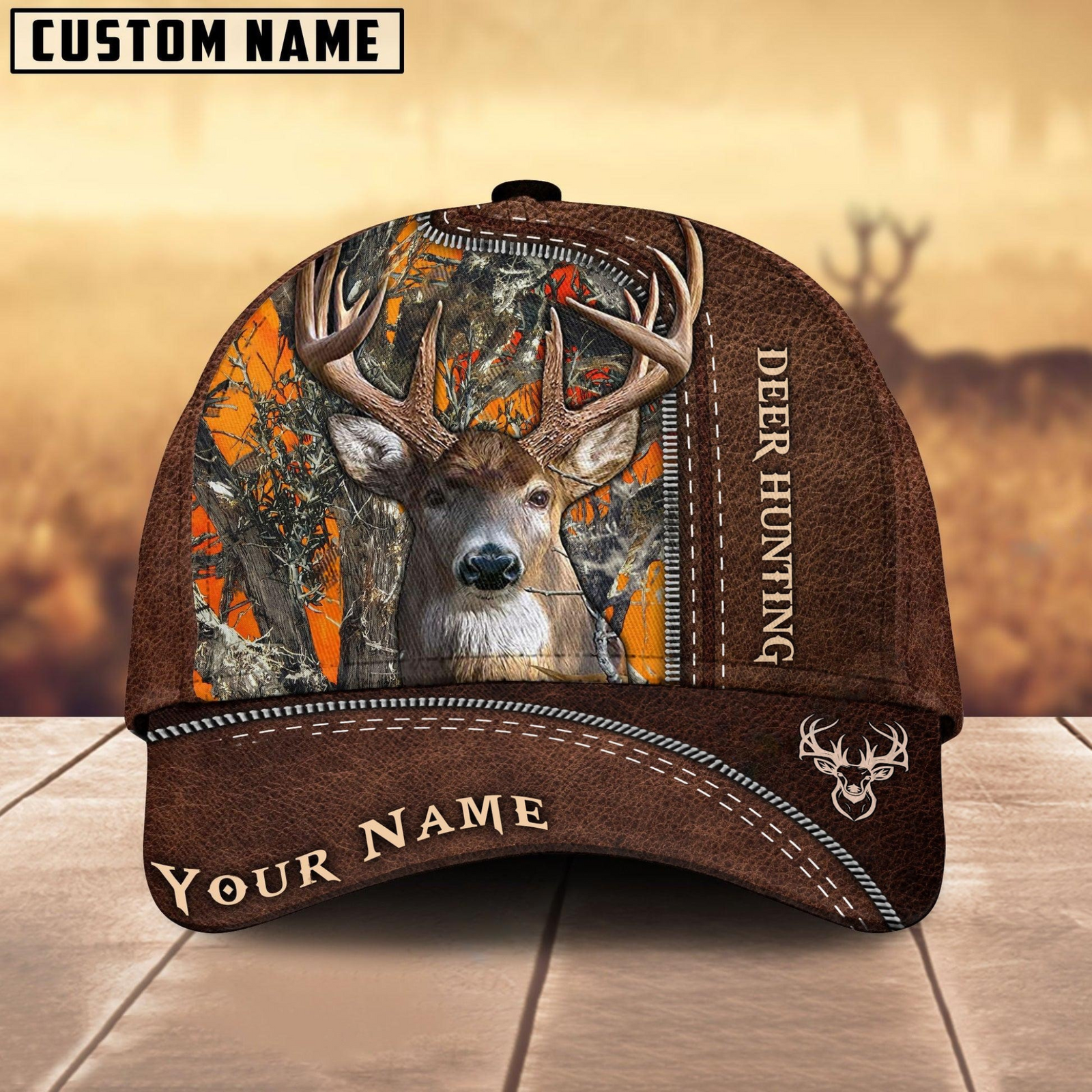 Blisscorners Deer Hunting Brown Leather Pattern Mutilcolored Personalized Name 3D Cap