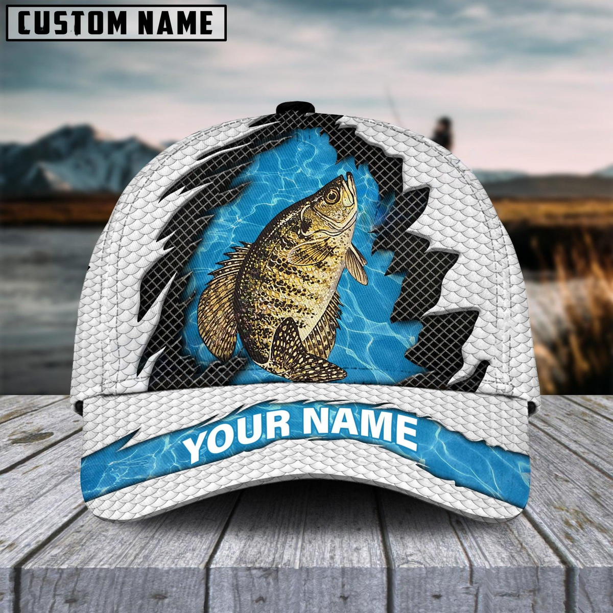 Blisscorners Crappie Fishing White Blue Wave Fishnet Customized Name 3D Cap