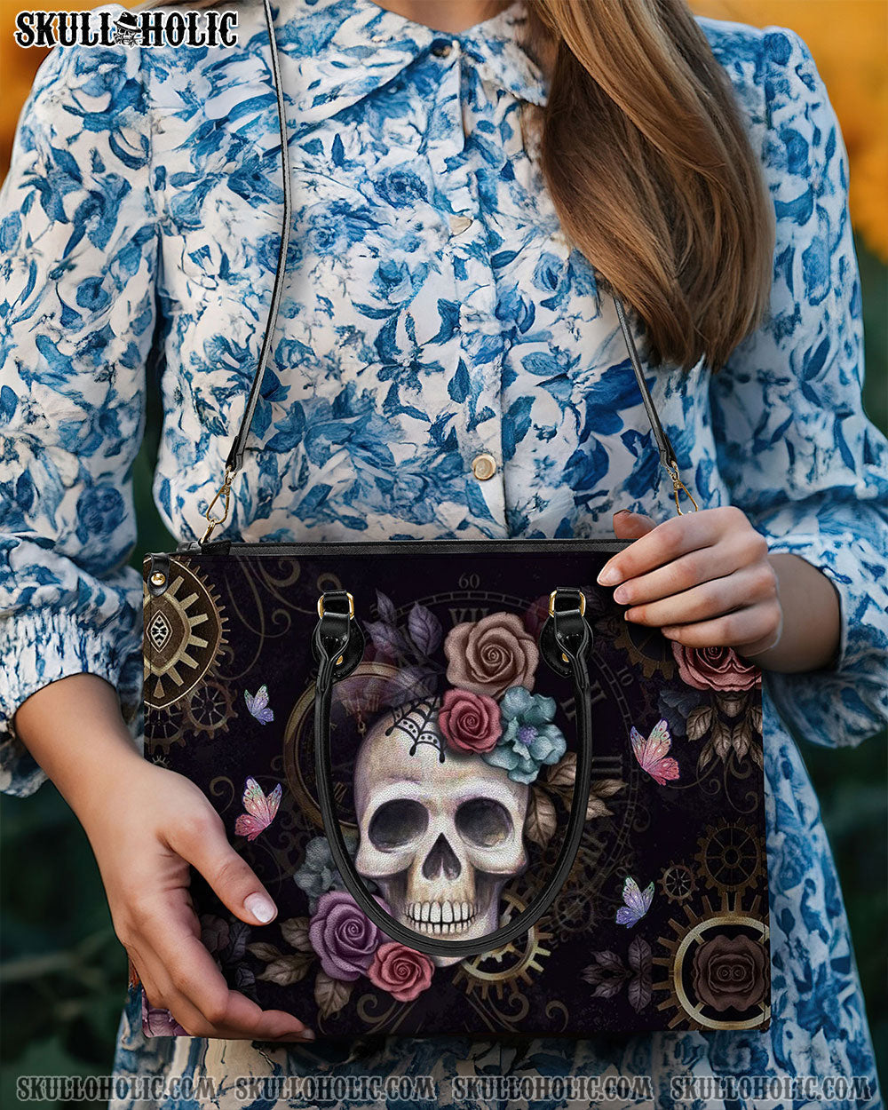 BLISSCORNERS SKULL FLOWER LEATHER HANDBAG
