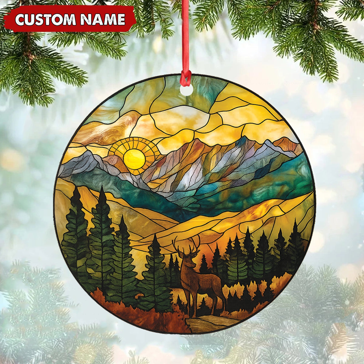 Blisscorners Personalized Deer Stained Glass Acrylic Ornament - Mountain Sunrise Christmas Tree Decoration Gift LM0411