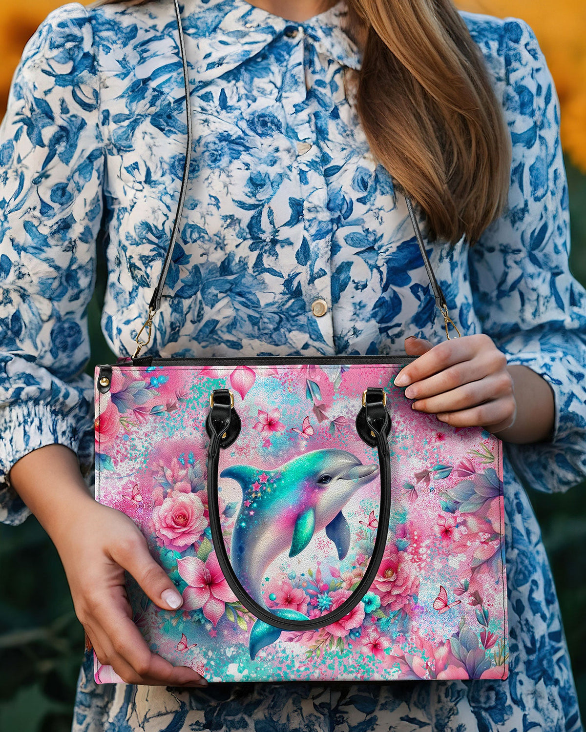 BLISSCORNERS DOLPHIN FLORAL LEATHER HANDBAG
