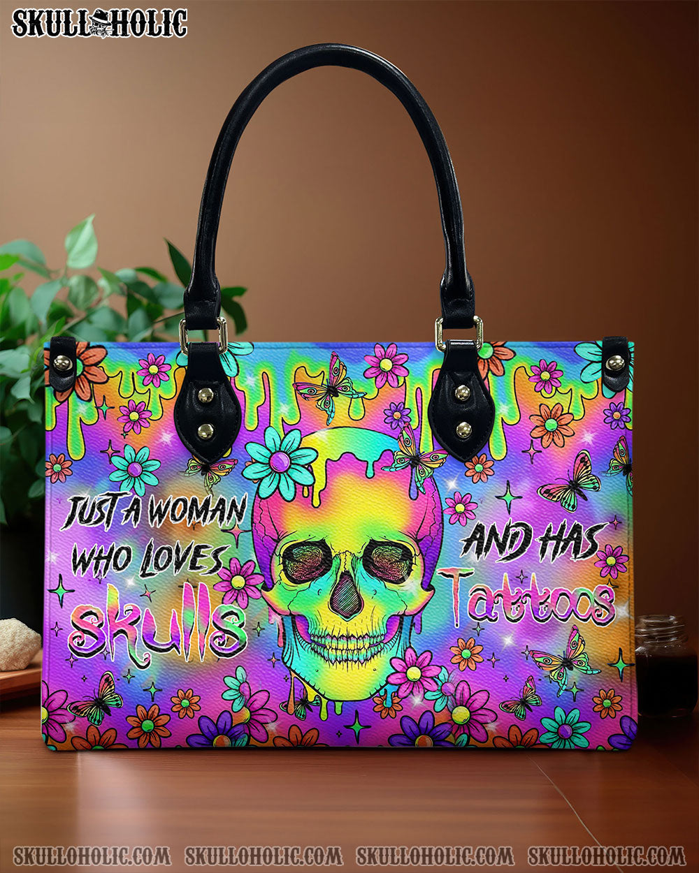 BLISSCORNERS JUST A WOMAN WHO LOVES SKULLS AND HAS TATTOOS LEATHER HANDBAG