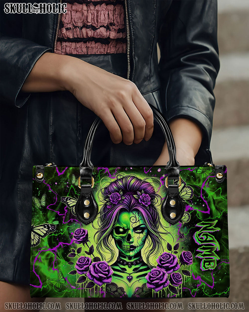 BLISSCORNERS SKULL LADY PURPLE ROSE LEATHER HANDBAG