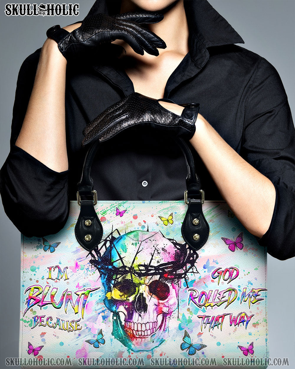 BLISSCORNERS I'M BLUNT BECAUSE GOD ROLLED ME LEATHER HANDBAG