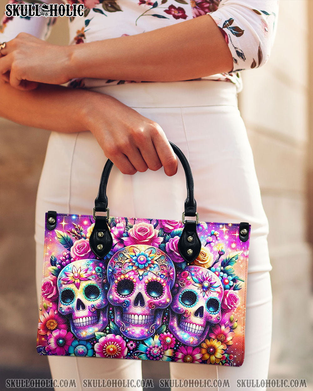 BLISSCORNERS THREE SUGAR SKULLS LEATHER HANDBAG