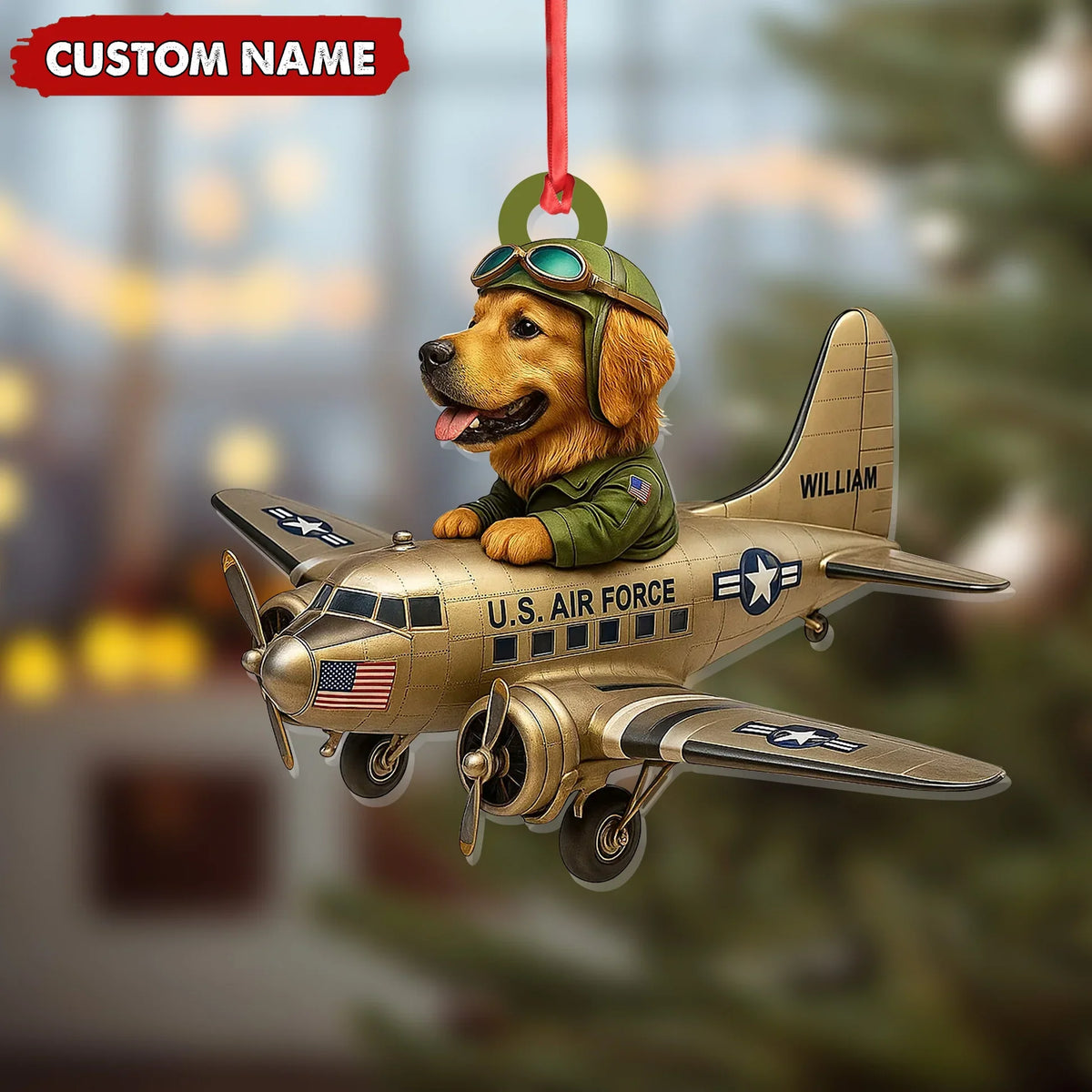 Blisscorners Personalized Dog Pilot Christmas Ornament And Keychain, Custom Name U.S. Air Force Airplane, Military Dog Lover Tree Decor Gift