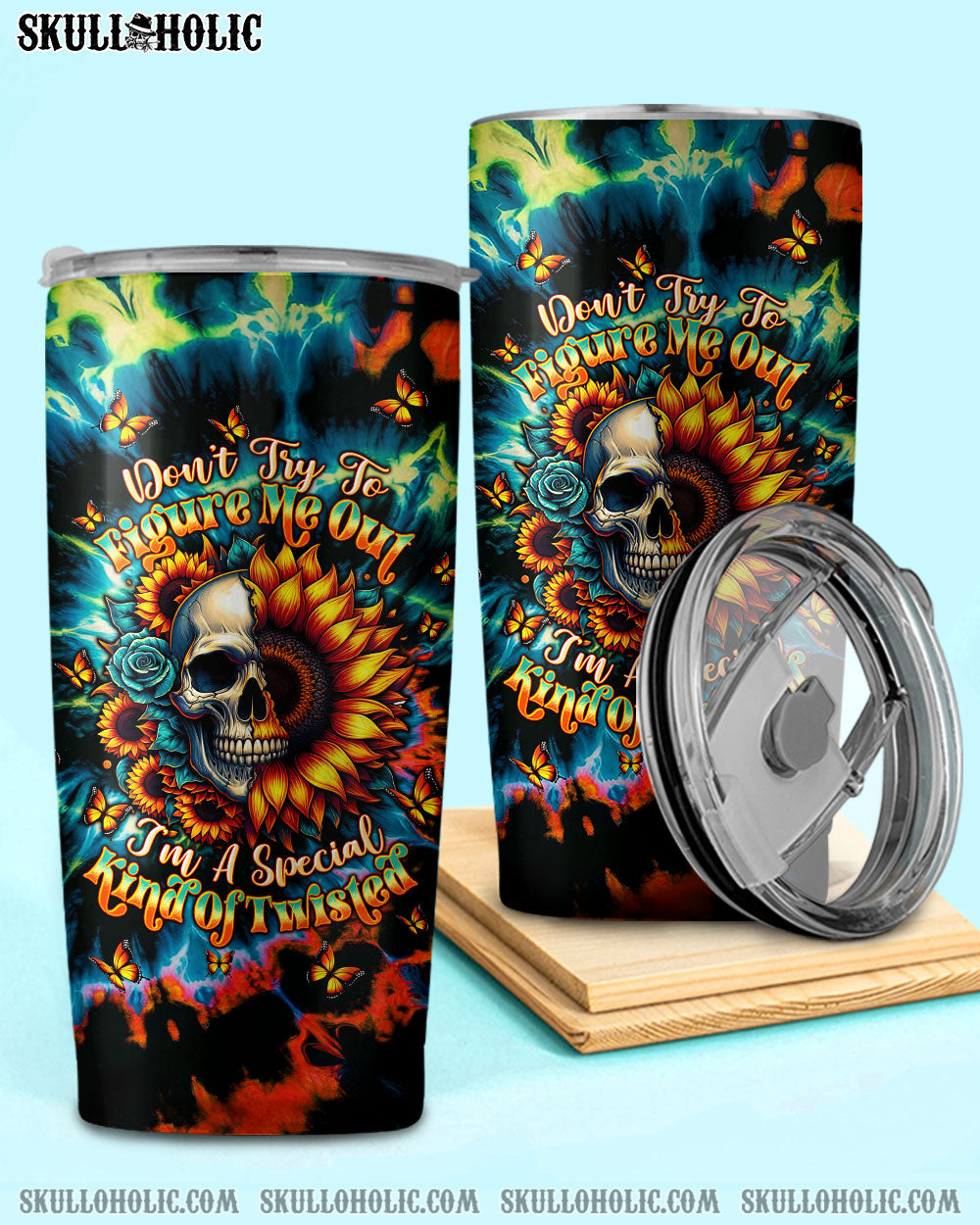 BLISSCORNERS DON'T TRY TO FIGURE ME OUT SKULL SUNFLOWER TUMBLER