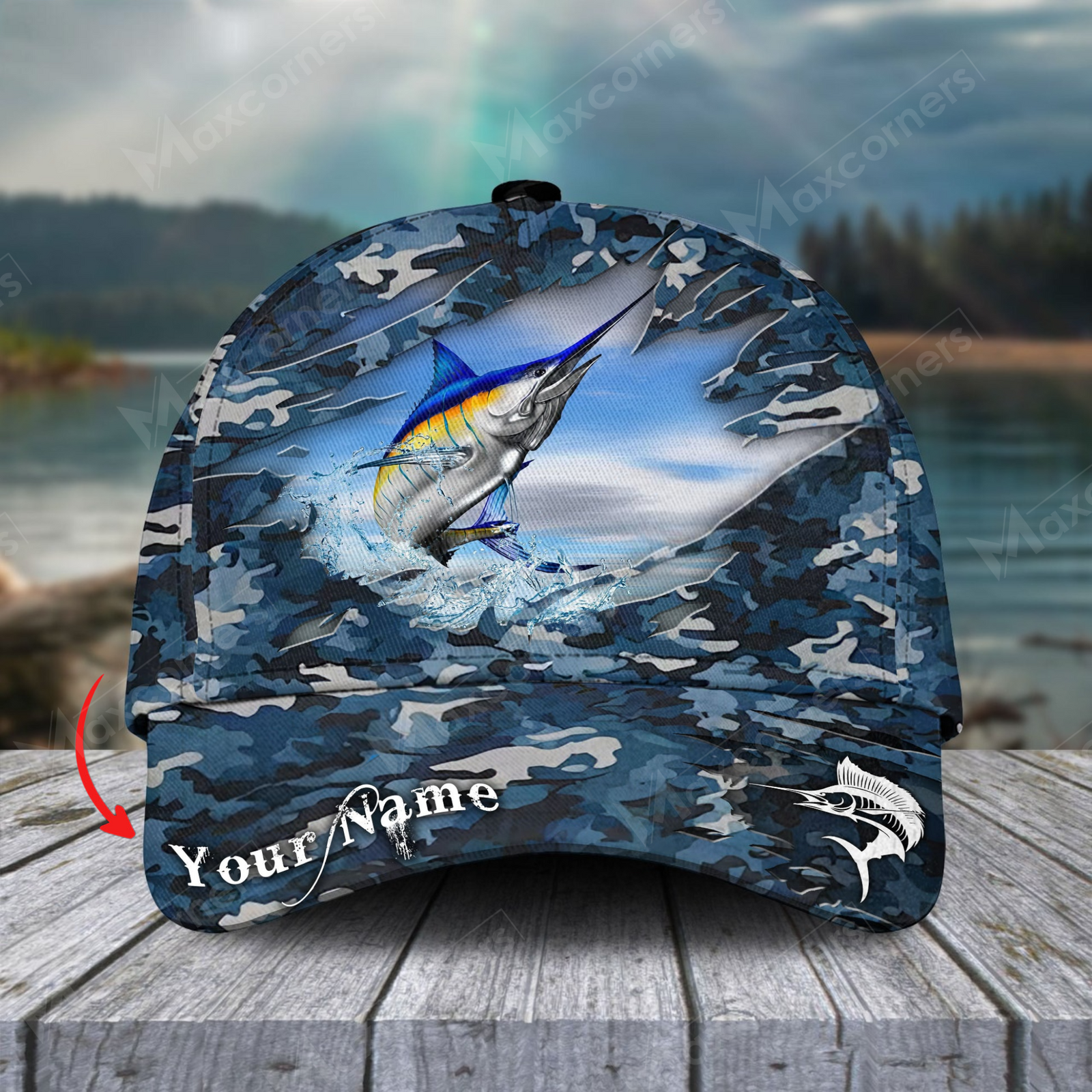 Blisscorners Blue Marlin Fishing Camouflage Customized Name 3D Cap