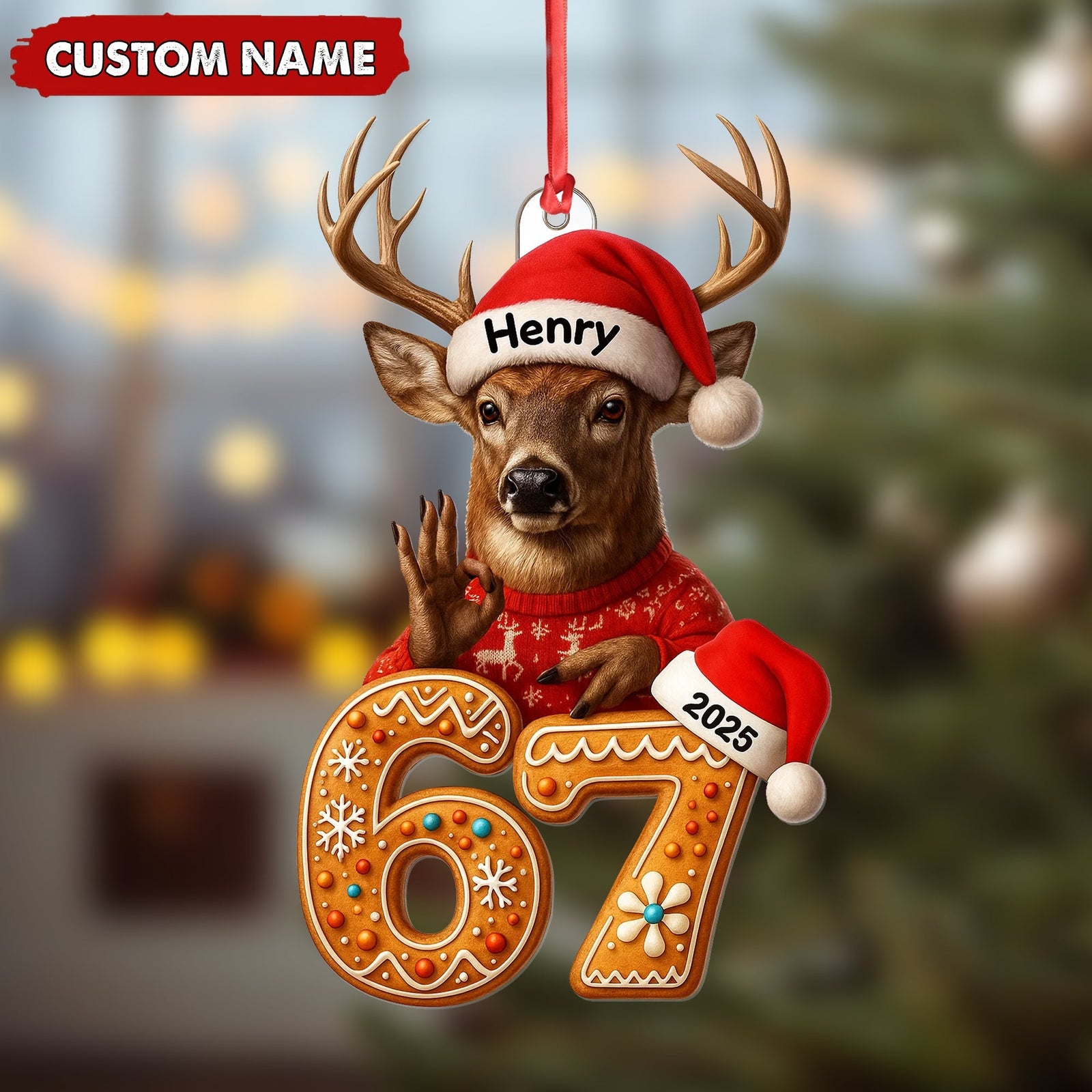 Blisscorners Personalized Deer Christmas Ornament, 67 Gingerbread Number Decoration 2025, Funny Buck Birthday Holiday Tree Gift MT2411