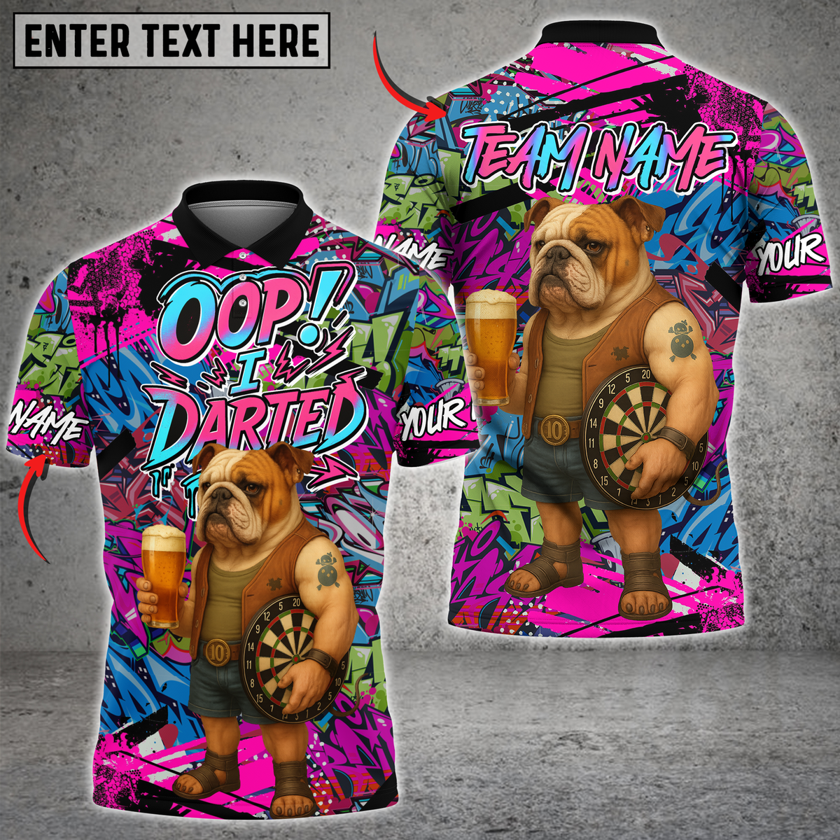 Blisscorners Darts Bulldog Graffiti Design Multicolor Customized Name, Team Name 3D Shirts