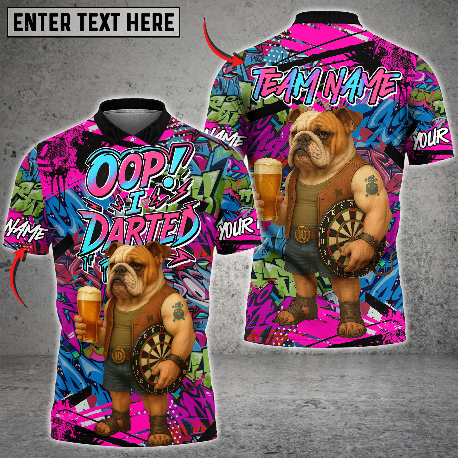 Blisscorners Darts Bulldog Graffiti Design Multicolor Customized Name, Team Name 3D Shirts