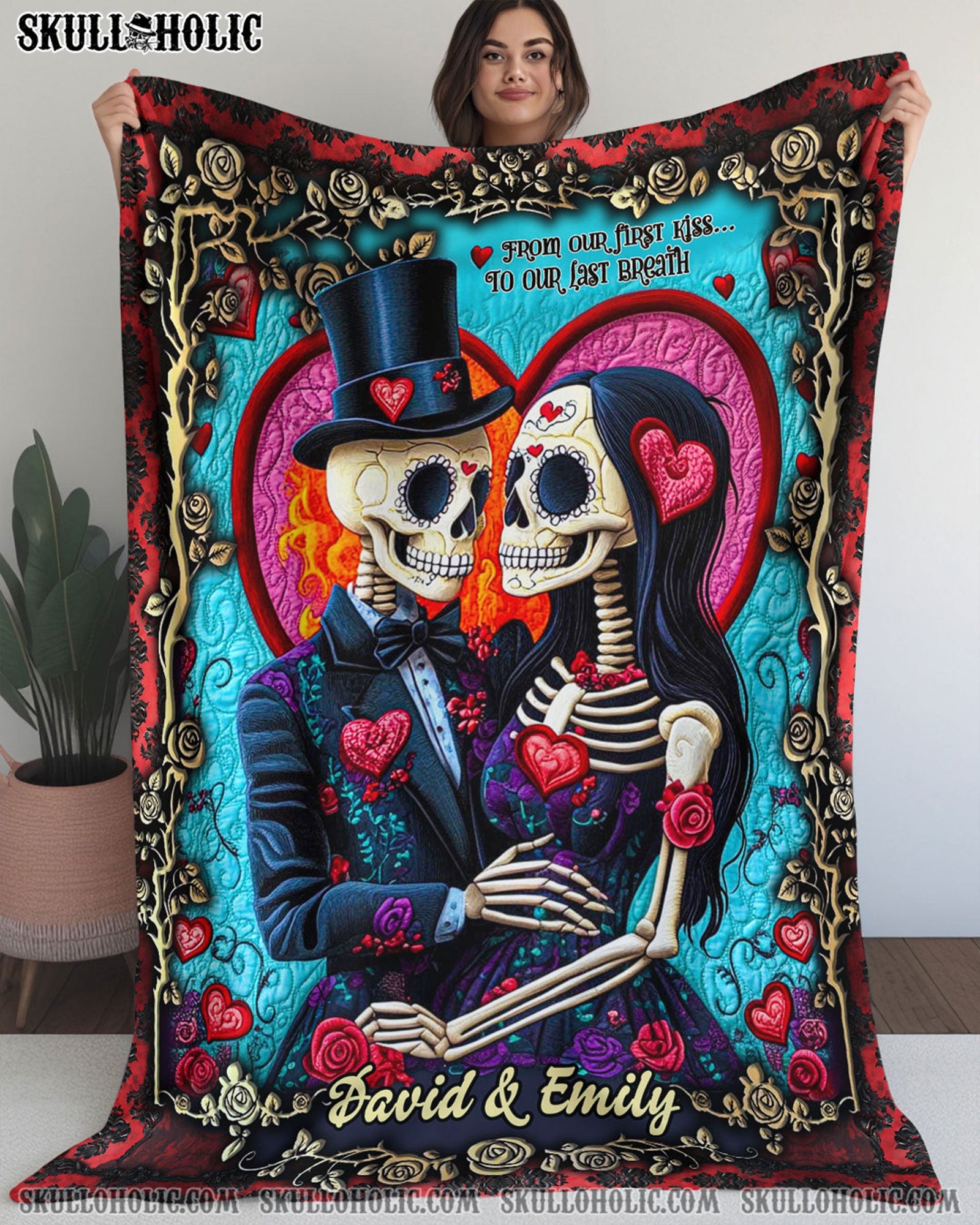 BLISSCORNERS PERSONALIZED SKULL COUPLE FLEECE BLANKET