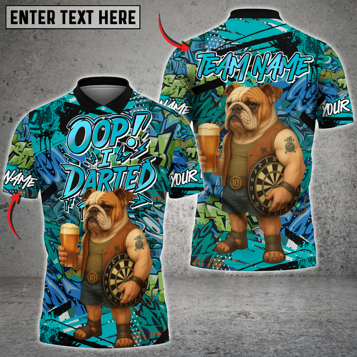 Blisscorners Darts Bulldog Graffiti Design Multicolor Customized Name, Team Name 3D Shirts