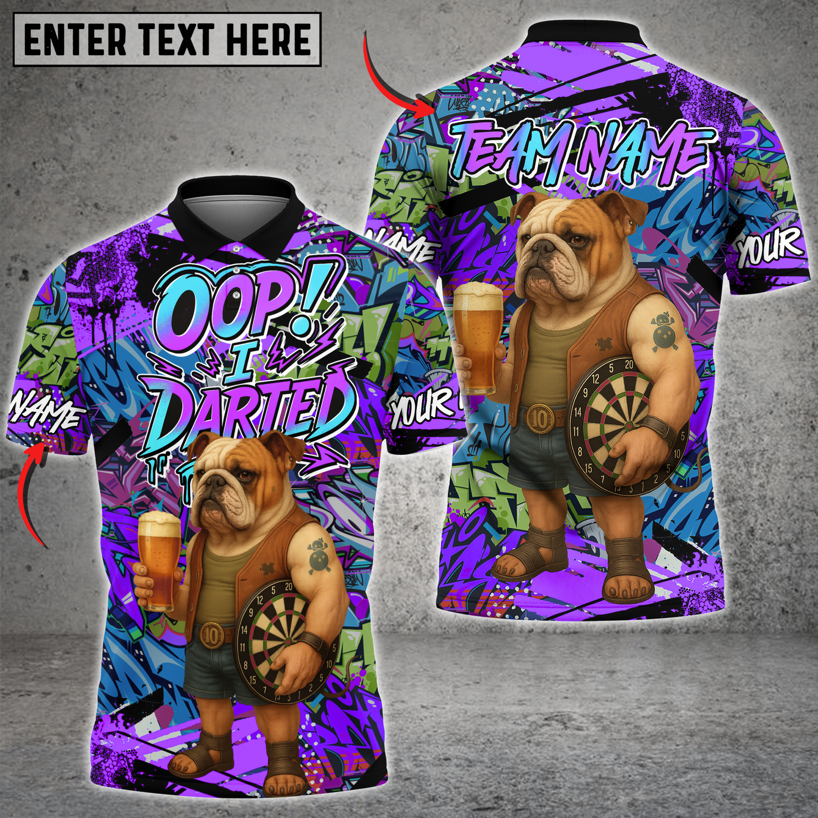 Blisscorners Darts Bulldog Graffiti Design Multicolor Customized Name, Team Name 3D Shirts