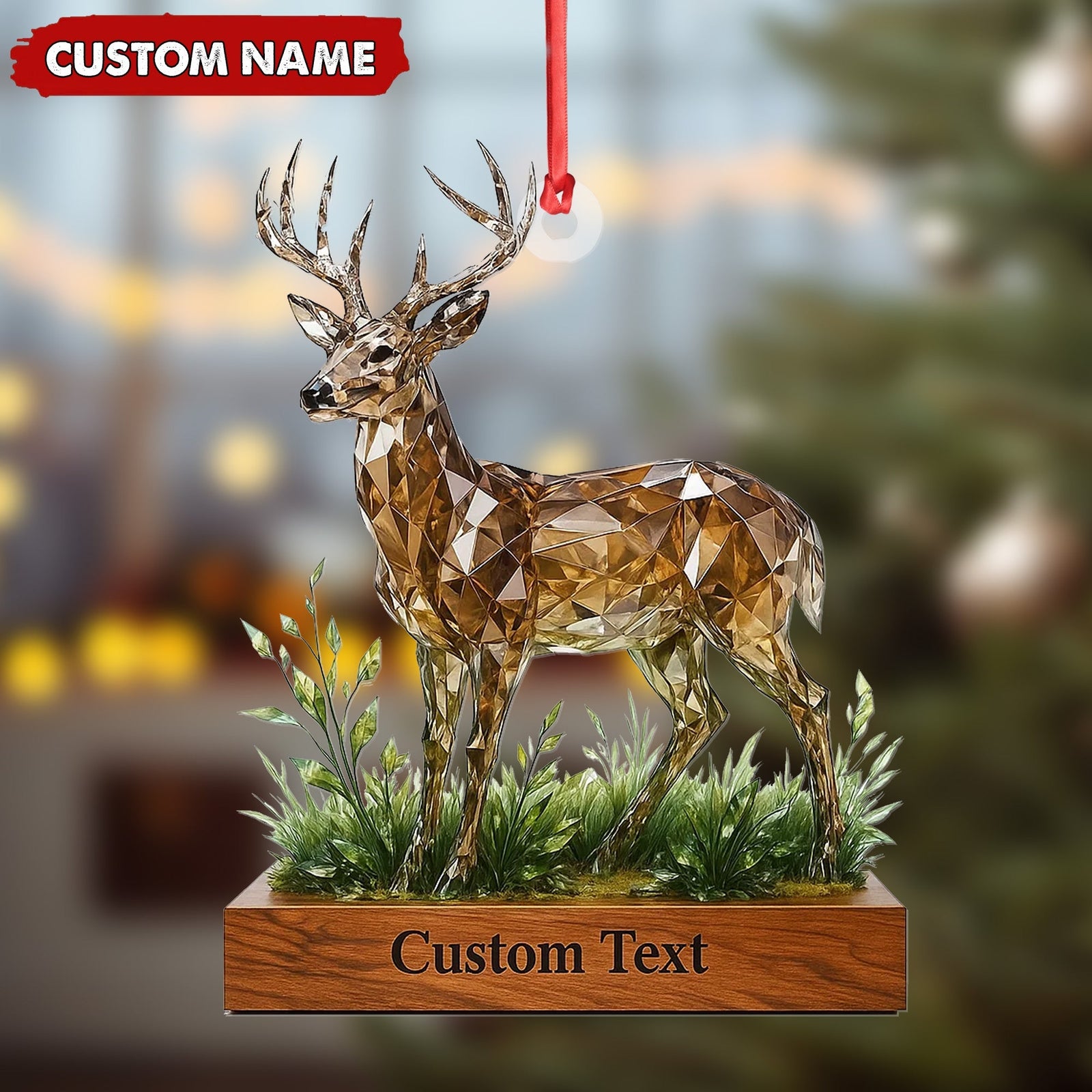 Blisscorners Personalized Geometric Deer Christmas Ornament, Custom Name Buck Hunter Gift, Crystal Style Woodland Holiday Decor MT2411