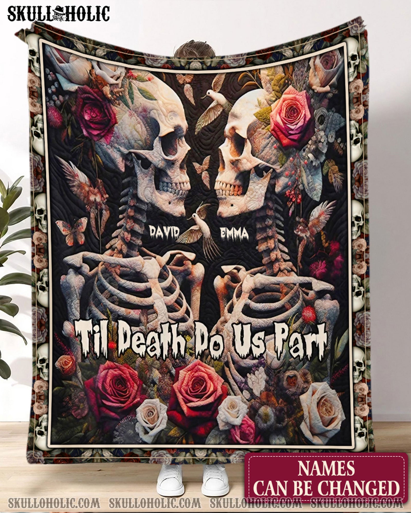 BLISSCORNERS PERSONALIZED TIL DEATH DO US PART SKULL COUPLE FLEECE BLANKET