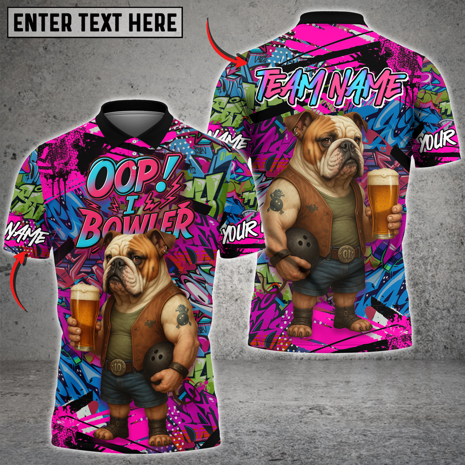 Blisscorners Bowling Bulldog Graffiti Design Multicolor Customized Name, Team Name 3D Shirts