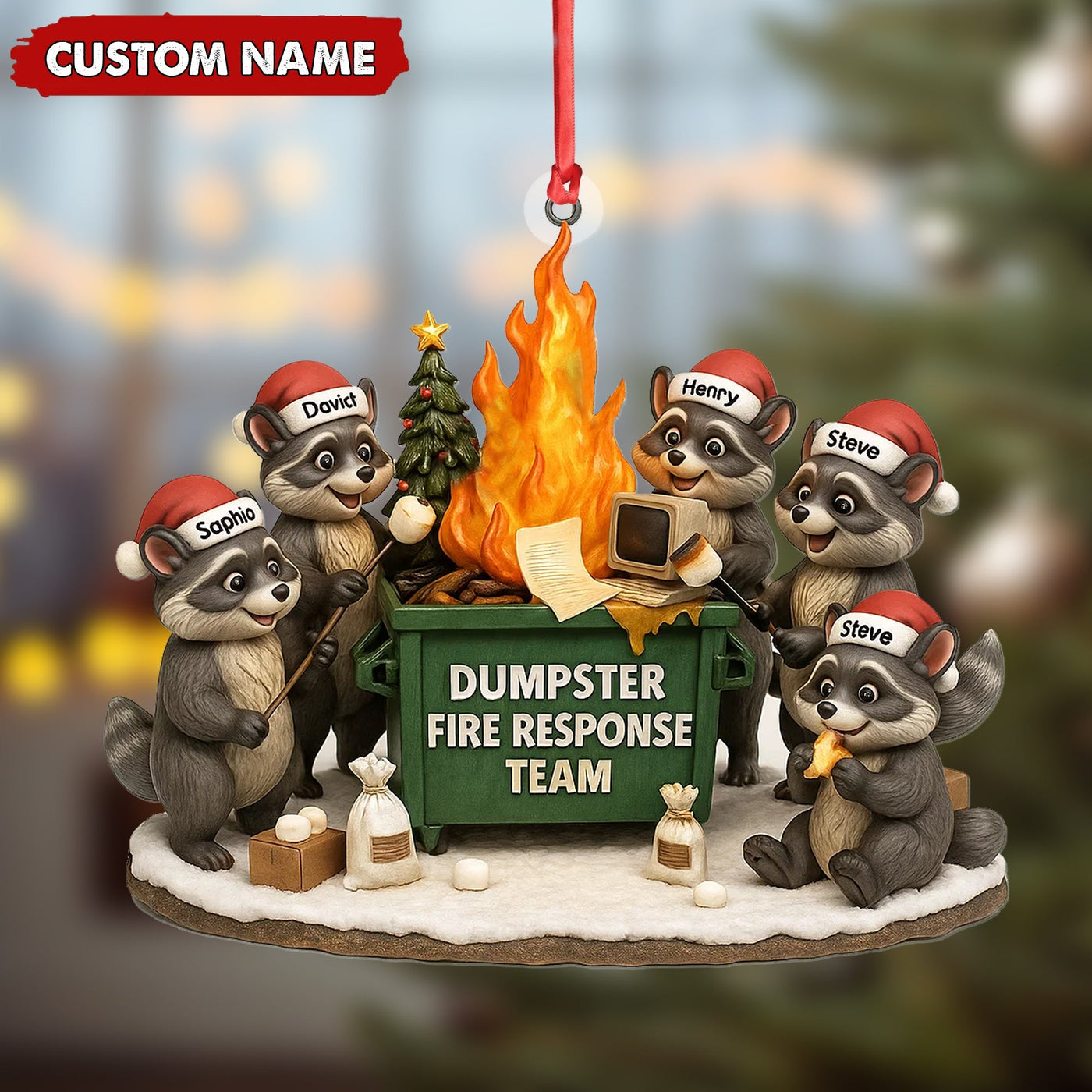 Blisscorners Personalized Dumpster Fire Response Team Christmas Ornament, Custom Name Raccoon Office Crew Gift, Funny Workplace Dumpster Fire Holiday Decor MT2411