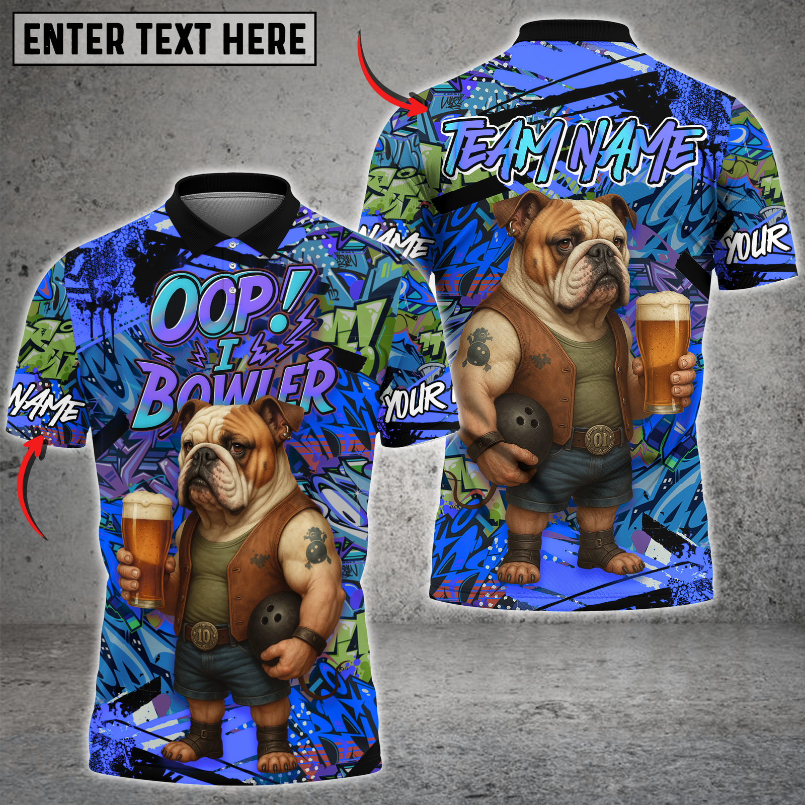 Blisscorners Bowling Bulldog Graffiti Design Multicolor Customized Name, Team Name 3D Shirts