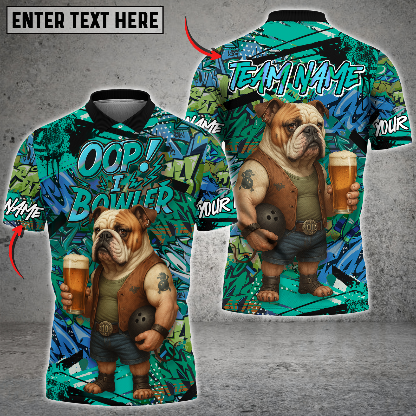 Blisscorners Bowling Bulldog Graffiti Design Multicolor Customized Name, Team Name 3D Shirts