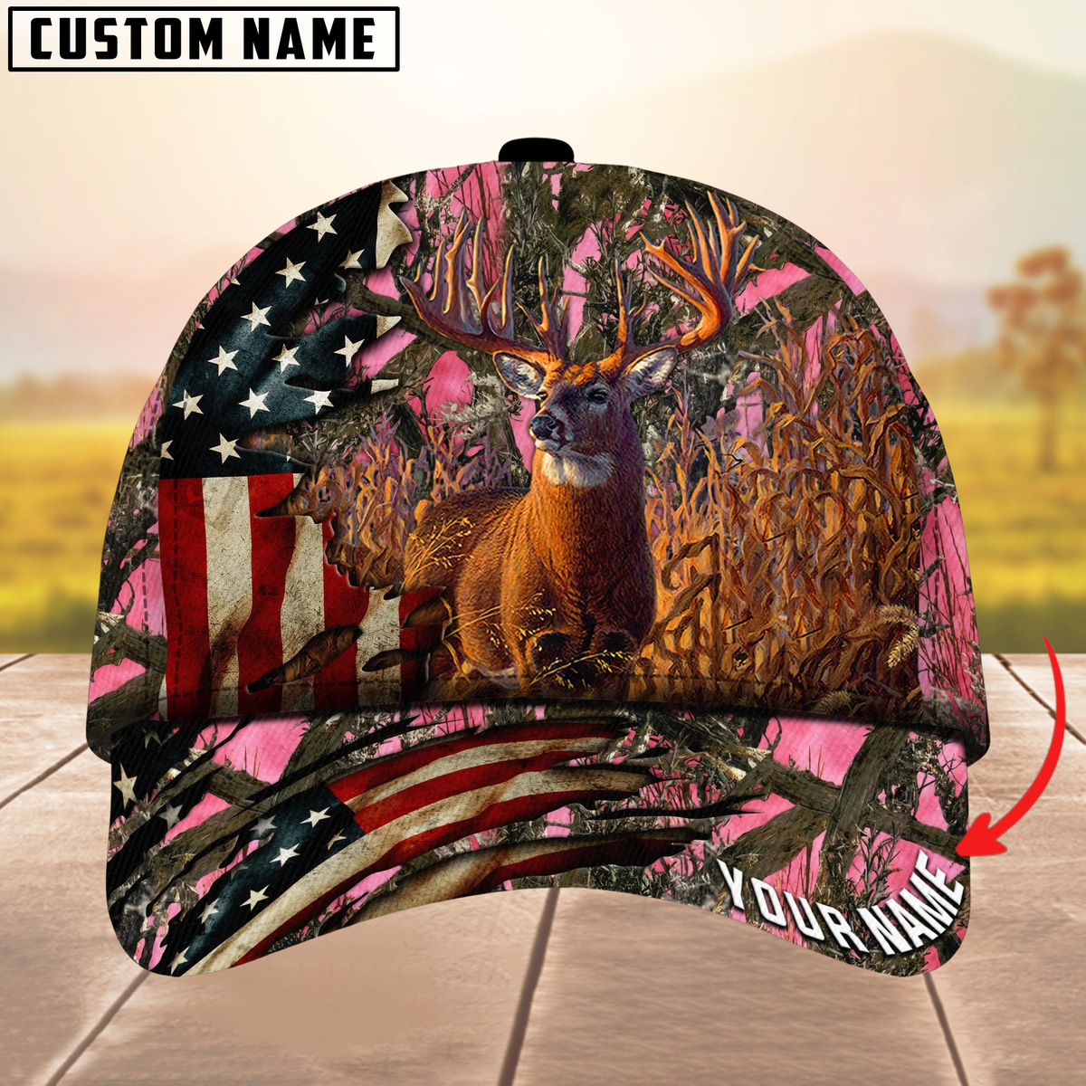 Blisscorners Deer Hunting American Flag Camouflage Pattern Multicolor Personalized Name 3D Cap