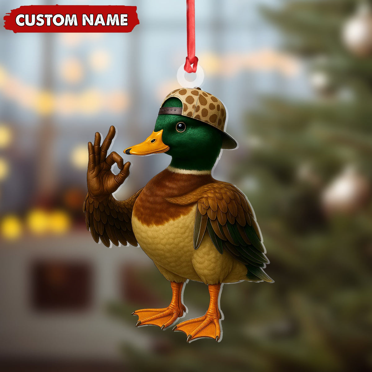Blisscorners Personalized Cool Duck Christmas Ornament, Custom Name Mallard Wearing Hat, Funny Hipster Duck Tree Decoration