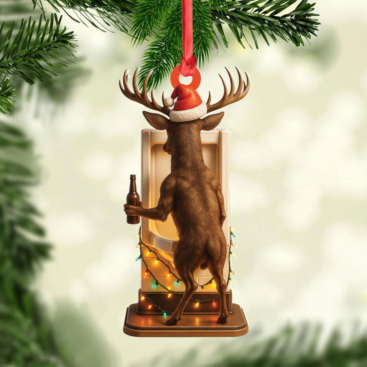 Blisscorners Personalized Acrylic Deer Christmas Ornament - Funny Buck with Santa Hat Drinking Beer by Urinal Holiday Decor LM0110