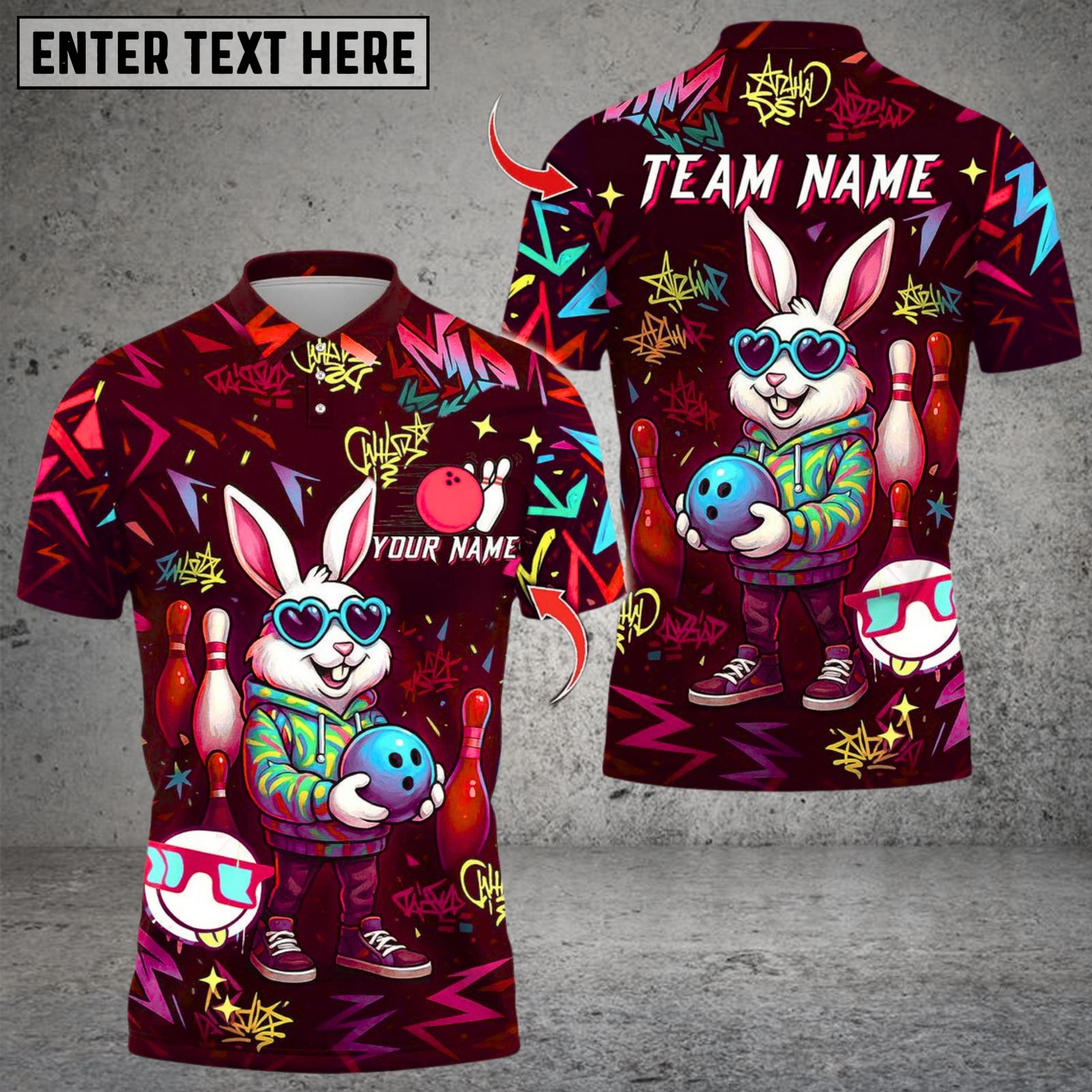 Blisscorners Bowling And Pin Cool Bunny Street Style Graffiti Design Multicolor Customized Name, Team Name 3D Shirts