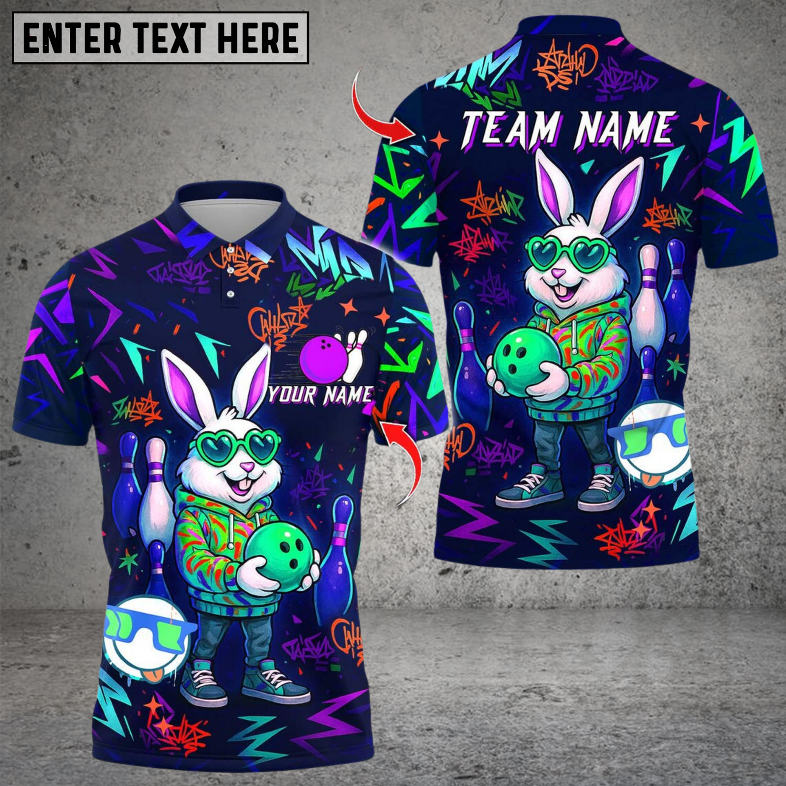 Blisscorners Bowling And Pin Cool Bunny Street Style Graffiti Design Multicolor Customized Name, Team Name 3D Shirts