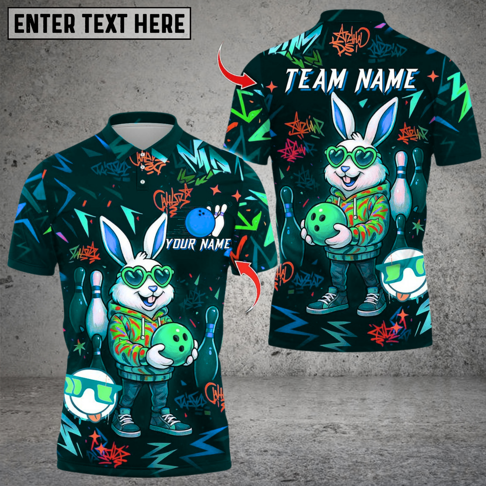 Blisscorners Bowling And Pin Cool Bunny Street Style Graffiti Design Multicolor Customized Name, Team Name 3D Shirts